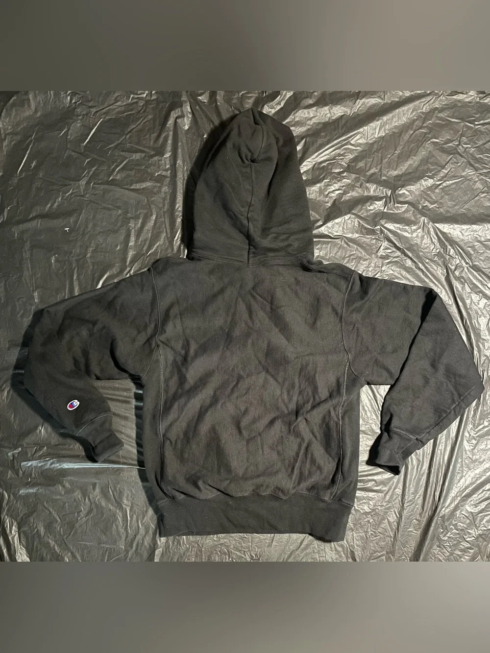 Champion Reverse Weave Black Chenille Script Logo Hoodie Men’s Small Pullover